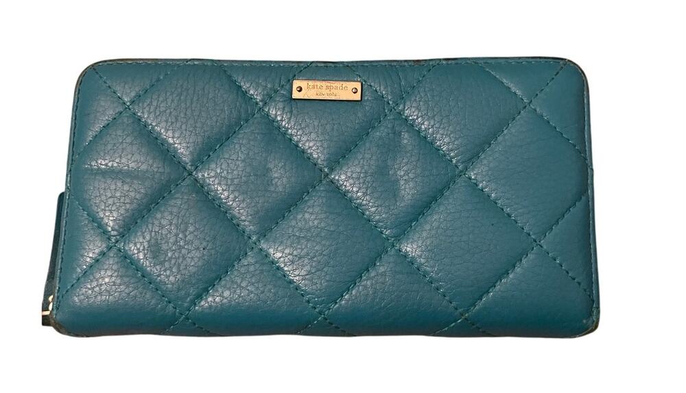 Kate Spade Lacey Quilted Teal Leather Wallet Gold Tone Accents Dopamine Luxury